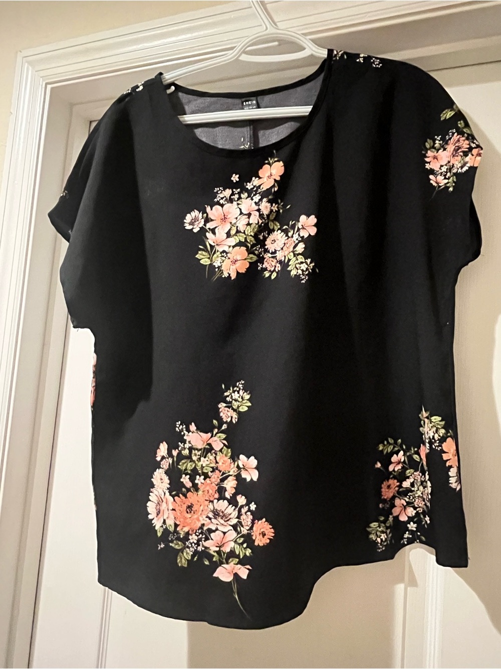 SHEIN Black Blouse with Peach Floral Print - Women's Top